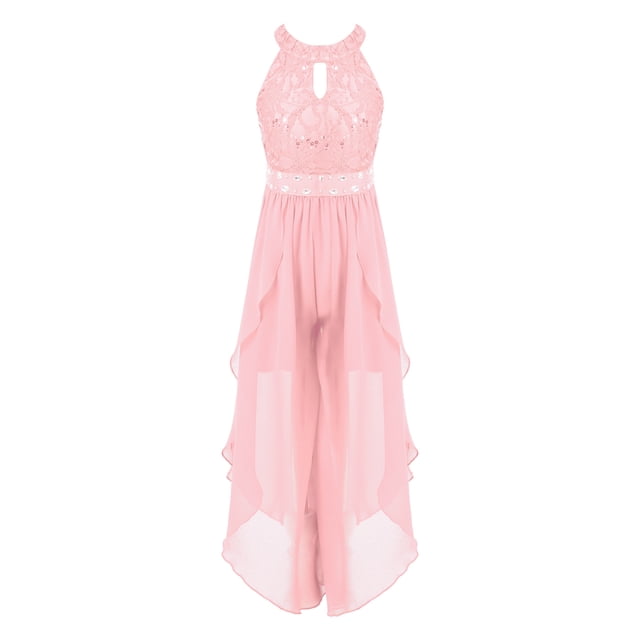 zdhoor Combinaison-Robe à Volants pour Filles, Paillettes Dentelle, Mariage Fête, Robe de Demoiselle d'Honneur à Dos Nu, Tenue de Danse Scintillante, Rose 10