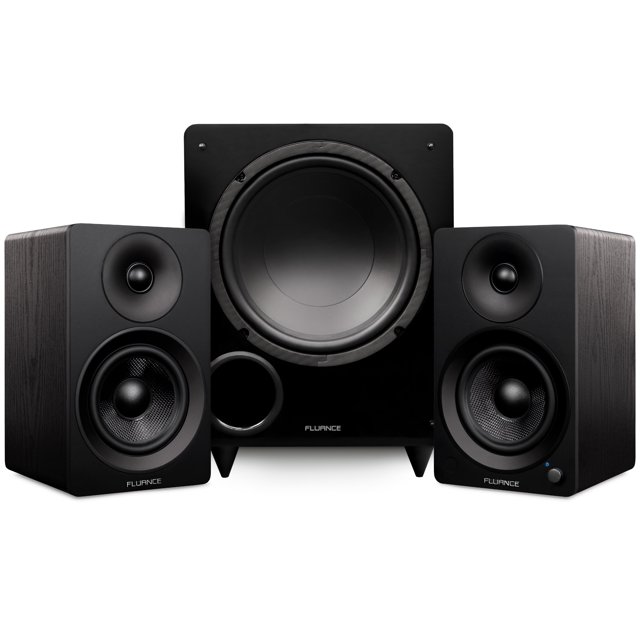 Fluance Ai41 Powered 5" Stereo Bookshelf Speakers and DB10 10" Low Frequency Ported Front Firing Powered Subwoofer with 15 Feet RCA Ultimate Performance Collection Subwoofer Cable (Black Ash)