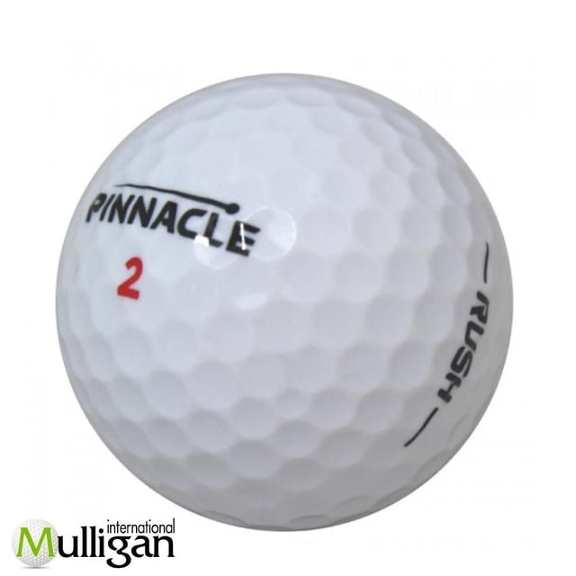 Mulligan - 48 Pinnacle Rush 4A Recycled Used Golf Balls, White, close-up of a white Pinnacle Rush golf ball with dimpled surface, black Pinnacle and Rush branding, and red number 2, eco-friendly recycled golf ball ideal for players of all skill levels and often used for practice rounds.