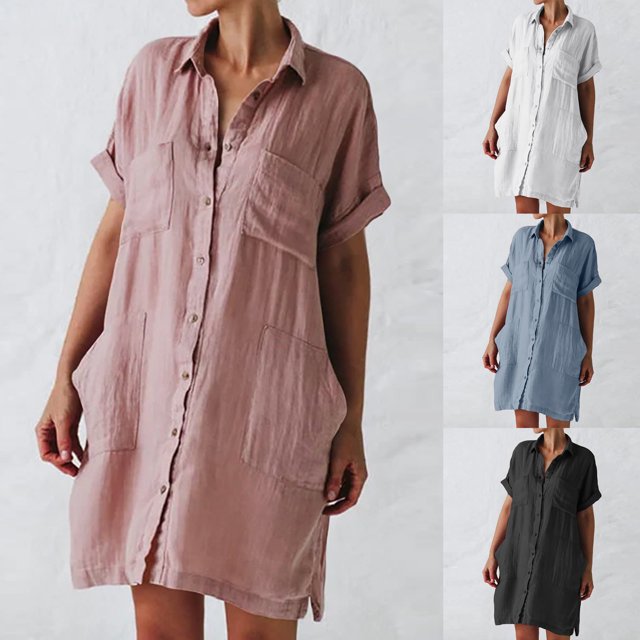 Gspmoly Robe pour Femmes, Robe Chemise à Boutons pour Femmes Décontractée Ample à Col Rabattu à Manches Courtes avec Poches Robes de Soirée pour Femmes jusqu'à 60 % de Rabais