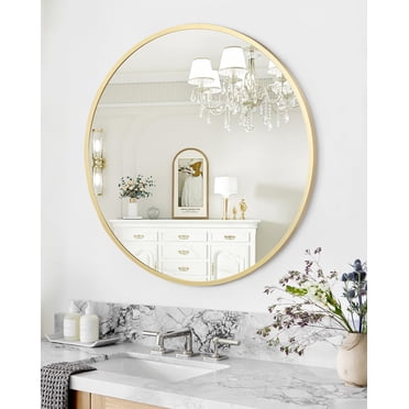 TROPOW Miroir de Salle de Bain, Miroir Rond Doré de 24 Pouces Monté au Mur Miroir Rond pour Déco de Salle de Bain, Miroir Rond en Métal pour Coiffeuse Miroir Rond Décoratif Miroir de Maquillage Monté au Mur
