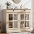 thumbnail image 1 of Kitchen Storage Cabinet, 2 Glass Door Buffet Sideboard with a Large Storage Drawer, Modern Wood Color Coffee Bar Cabinet with Adjustable Shelf for Dining Room, 1 of 9