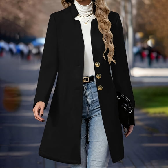 Mceream Wool Coats for Women Trendy Casual Long Pea Coat 2025 Fall Winter Fashion Stand Collar Single Breasted Winter Warm Jacket Overcoat Plus Size Abrigo Largo De Invierno Para Mujer Black L