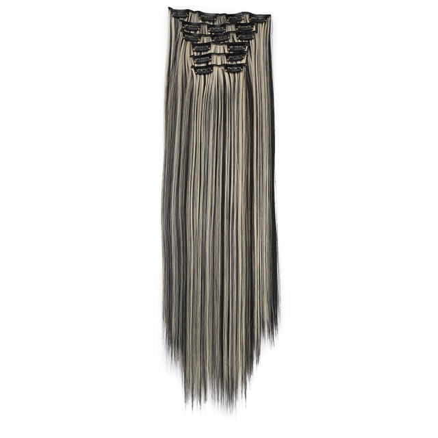 Hair Clips Clips for Hair Hair Extension Clips Real As Remy Fashion Hair Long Clip in Hair Extensions Full Head Straight Wig. The image shows a set of long, straight clip-in hair extensions measuring 50cm in length, featuring a blend of black and blonde tones. The extensions are attached with secure, tiny clips for easy application without glue, ensuring no damage to natural hair. Made from high-temperature resistant material, these extensions are silky, soft, and designed to blend naturally with your own hair. Ideal for adding length, volume, or highlights, and suitable for various styles and occasions.