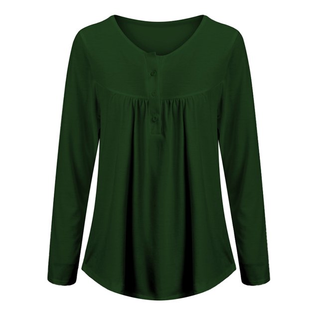 DYMADE Women's Solid Henley V-Neck Blouse Pleated Button Tunic Shirt Top