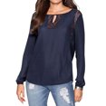 thumbnail image 1 of Women Lace Spliced Keyhole Crew Neck Long Sleeve Hollow Shirt, 1 of 1