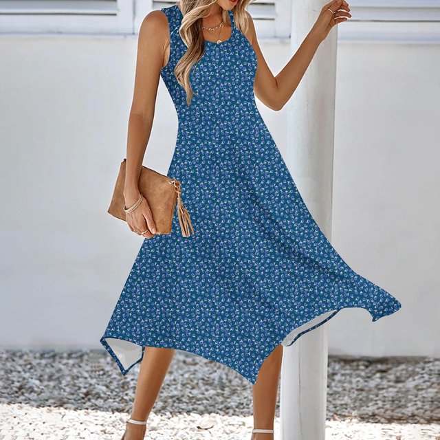 Ovzne Robes d'Été pour Femmes Robe pour Femme Robe à Imprimé Sans Manches avec Poche Ourlet Irrégulier Robe à Col Rond Robe de Printemps Imprimée Liquidation
