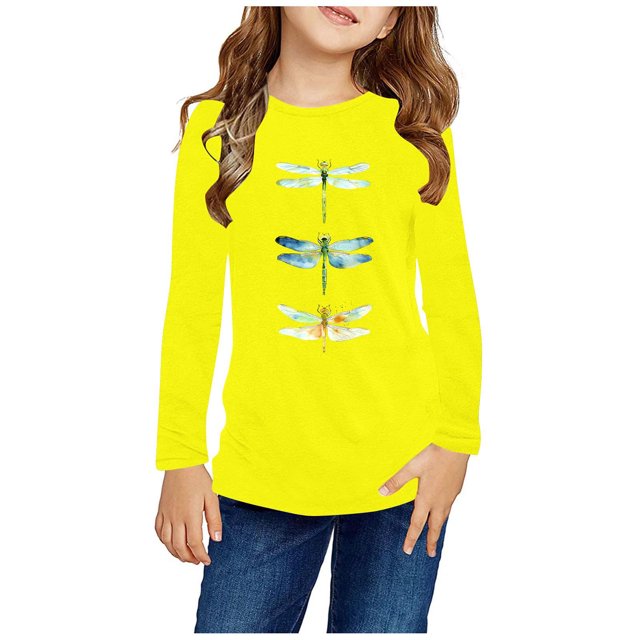 RXIRUCGD Chemises à Manches Longues pour Filles, Col Rond Mignon, Blouses Décontractées Élégantes (Jaune, Taille : 5 Ans)