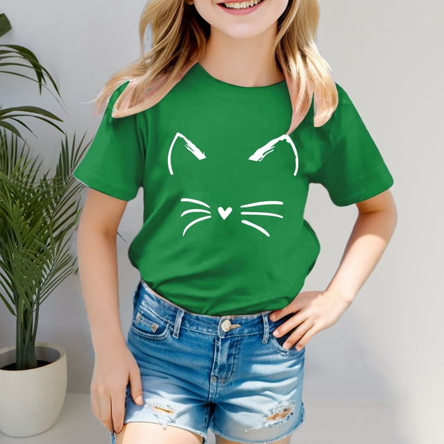 BYHONG T-Shirt à Manches Courtes à Imprimés de Chat pour Tout-Petits Garçons Filles, Hauts Vêtements Enfants Filles, Tunique Décontractée à Col Rond, Vert 110