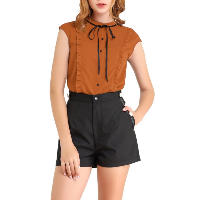 INSPIRE CHIC Women's Tie Neck Cap Sleeve Button Down Ruffle Summer Shirts