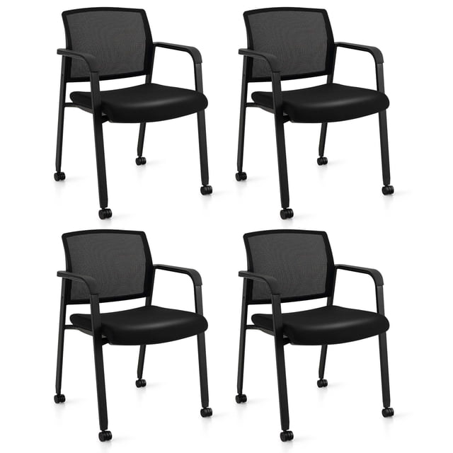 Costway Conference Chairs Set of 4 stackable office guest chairs with ergonomic curved mesh backrests, padded seats, and integrated armrests. Built with a heavy-duty metal frame supporting up to 330 lbs, these chairs feature smooth rolling casters for mobility and ventilation holes for heat dissipation. Ideal for business furniture settings such as reception areas, waiting rooms, or conference spaces.