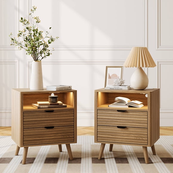 GUNAITO Fluted Nightstand Set of 2 for Bedroom with Charging Station Bedside Table with LED Lights Wood Nightstand with Open Shelf and 2 Drawers Oak