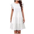 thumbnail image 2 of Femmes Été Volant Manches Mini Robe Couleur Unie Décontractée Swing Fluide une Ligne Plissé Plage Robe de Soleil, 2 of 7