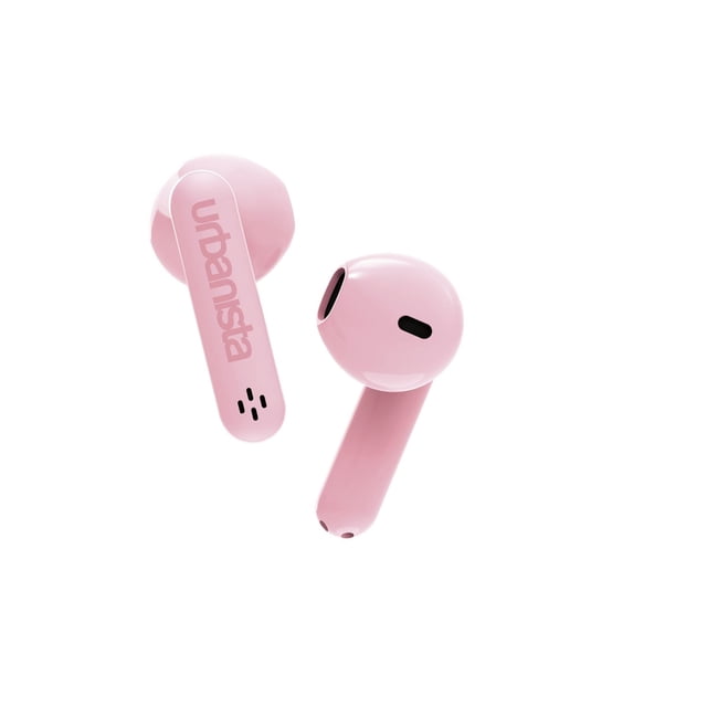 Urbanista Austin true wireless earbuds in pink with a glossy finish, showing front and back views with speaker mesh and Urbanista logo on the stem, designed for Bluetooth wireless audio and water resistance, ideal for everyday use and outdoor activities.