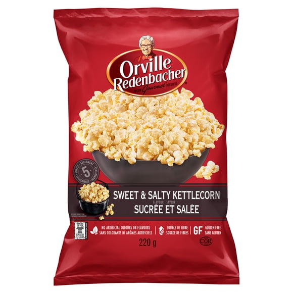 Orville Redenbacher Maïs éclaté sucré et salé, maïs éclaté 100 % grains entiers, sans gluten, sans colorants ni arômes artificiels ni agents de conservation, source de fibres, 220g