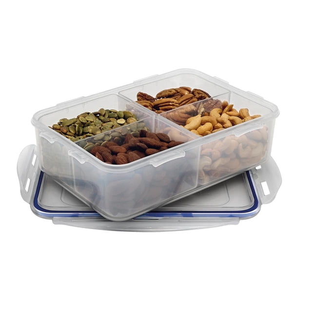 Starfrit LocknLock Plastic Divided Lunch Container with four compartments filled with assorted nuts and seeds, made of BPA-free polypropylene plastic, featuring a removable divider and a clear airtight, leakproof lid with 4-sided locking clips, suitable for organized meal prep and snack storage.