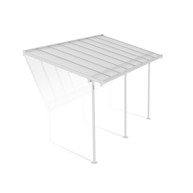 CANOPIA by PALRAM Sierra™ Patio Cover 7.5 ft. x 15 ft. White Frame - Clear Panels centered front-facing view of a rectangular 7.5 x 15 ft freestanding patio cover with white aluminum frame and clear polycarbonate roof panels, translucent glazing that transmits natural sunlight, joined panels and vertical support posts visible; installed over a paved patio with seating, suitable for use as a patio cover, carport or sun lounge to extend outdoor living space.