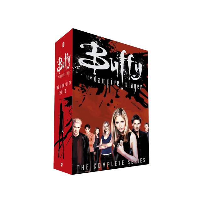Buffy The Vampire Slayer: The Complete Series Seasons 1-7 (DVD) box set featuring a red and black design with the title prominently displayed and a group of characters from the series on the cover. Includes all seven seasons of the action-packed series.