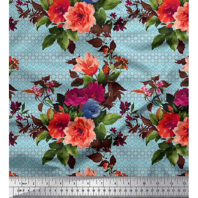 Soimoi Rayon Fabric Geometric,Leaves & Peony Floral Print Sewing Fabric Yard 56 Inch Wide