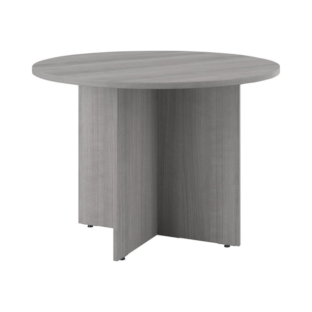 42W Round Conference Table with Wood Base in Platinum Gray - Engineered Wood