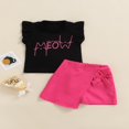 thumbnail image 2 of Kid Girl Short Skirts Outfits  Fly Sleeve Cartoon Letter Printed Crew Neck Tops + Solid Color Bow-Knot Decor Skirts Set, 2 of 7