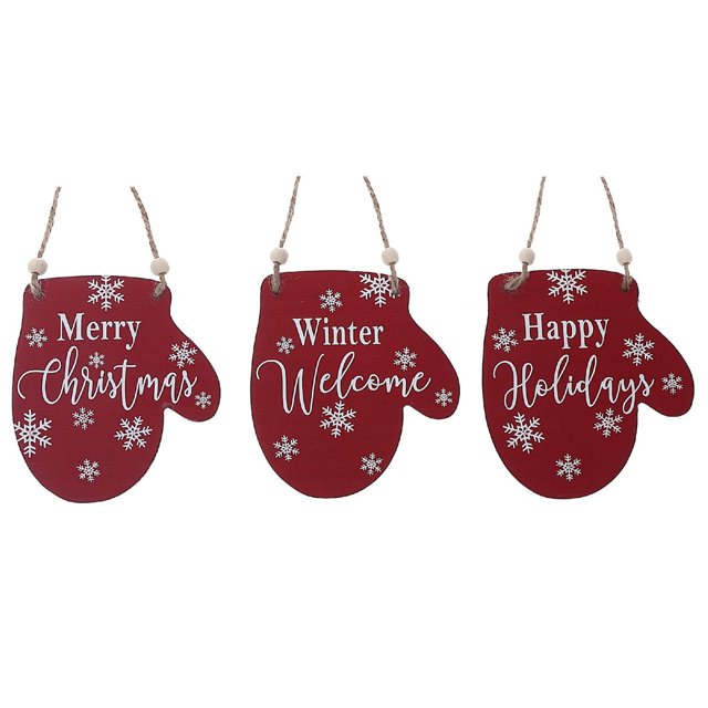 Christmas Flat Mitt Shape Ornament - Set of 6 with red wooden mitt-shaped ornaments featuring white snowflake patterns and festive texts 'Merry Christmas,' 'Winter Welcome,' and 'Happy Holidays,' each with a hanging rope and wooden beads, suitable for decorating Christmas trees, windows, doors, and walls.