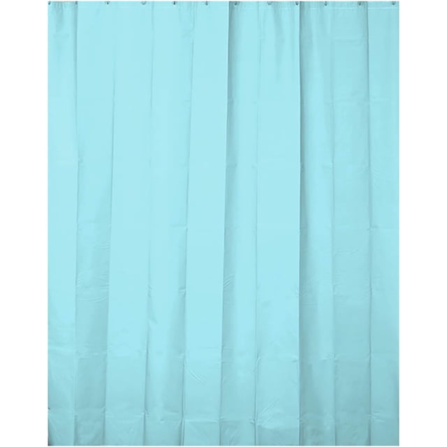 Doublure de Rideau de Douche Extra Longue Bleu Aqua en Plastique 79"L x 71"W Montrée dans une Vue Orientée vers l'Avant. Fabriquée en Matériau PEVA Imperméable, avec 12 Oeillets Renforcés pour la Durabilité et une installation Facile. la Couleur Bleu Aqua Vibrante Rehausse la Déco de Salle de Bain des Enfants Tout en Offrant de l'Intimité et en Empêchant l'Eau de s'Égoutter du Plancher. Convient aux Grandes Installations de Douche Ou aux Tringles Courbées.