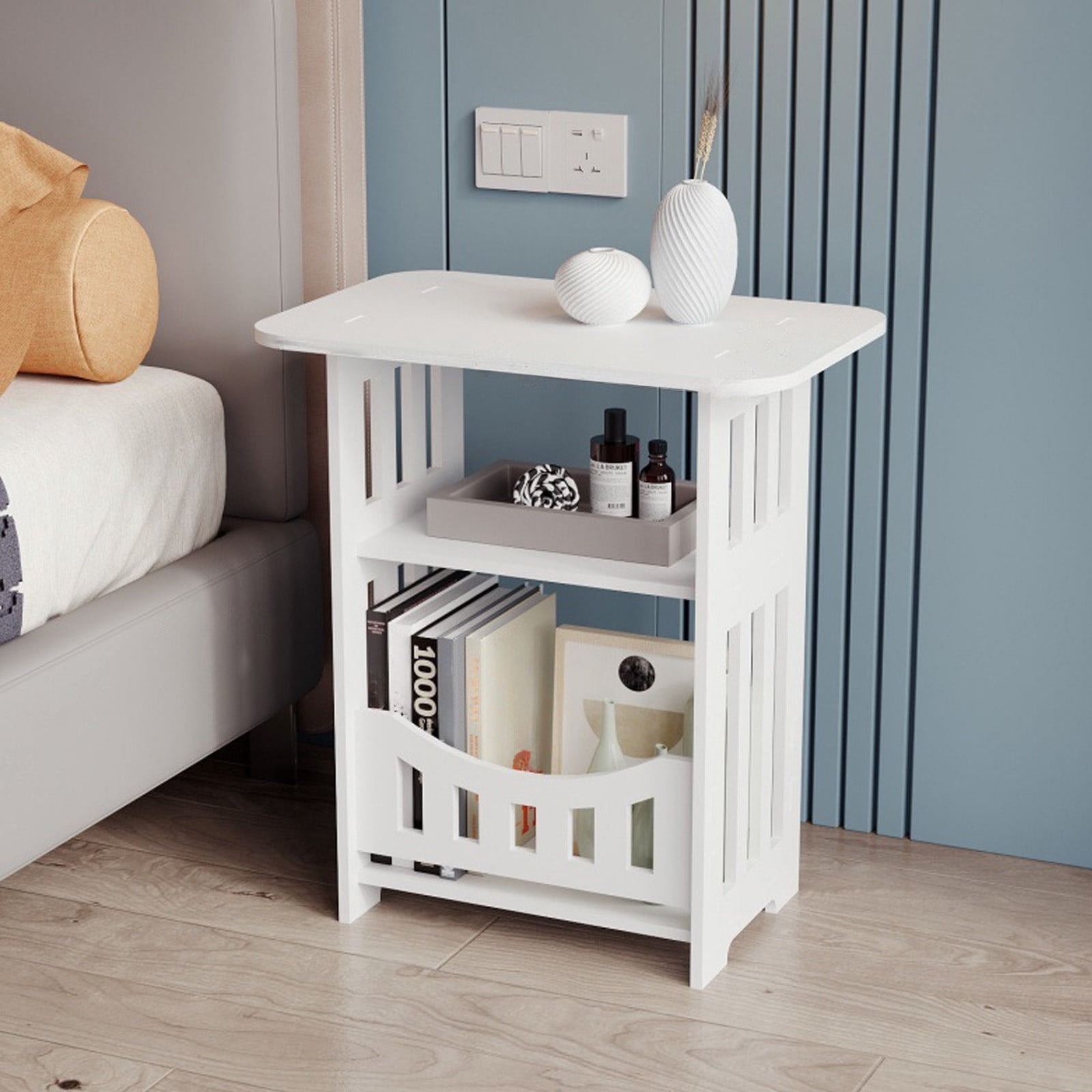 Maplenight Small Nightstand Boho Side Table End Table Bedroom Decor Night Stand with Drawers White PVC Modern Style Storage Cabinet White