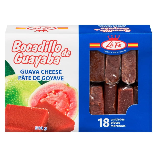 La Fe Bocadillo de Guayaba, 510g box with 18 individually wrapped guava cheese pieces in a blue and white package showing guava fruit and red guava paste, a traditional Latin American sweet ideal for pantry stocking, pairing with cheese or crackers, and suitable for sharing or gifting.
