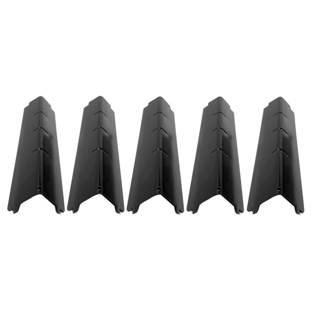 Replacement Porcelain Steel Heat Plate Master Chef G42602, G42601, Gas Grill Models - 5 PACK. The image displays five black porcelain steel heat plates with a ridged design, each measuring 15-1/2 inches by 3-1/2 inches. These heat plates are compatible with Master Chef models G42603, G42501, G42604, G42602, and G42601. They function as heat shields, heat tents, or burner covers and are not original manufacturer parts. It is recommended to measure your original parts for compatibility before purchase.