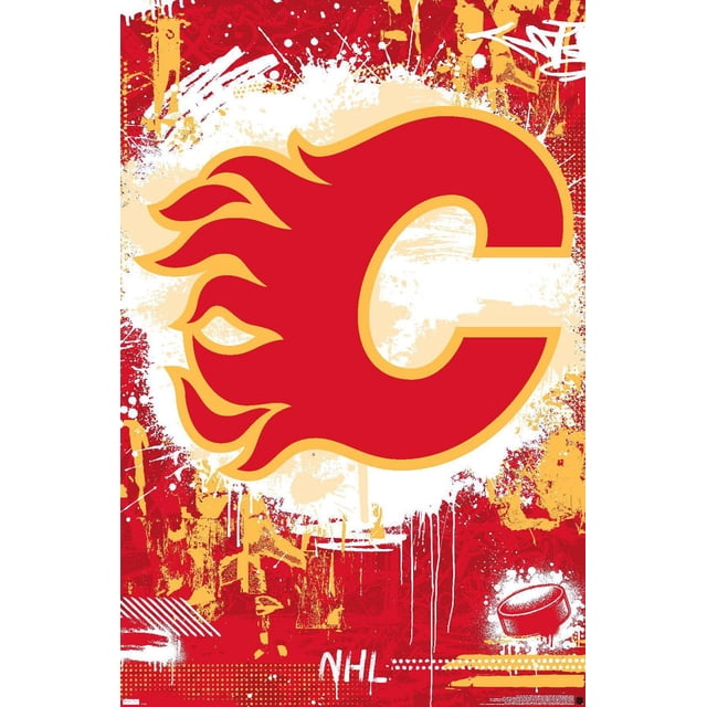 NHL Calgary Flames - Maximalist Logo 23 Wall Poster featuring a large red flaming C logo outlined in yellow on a red, white, and yellow graffiti-style background with paint splatters and a hockey puck graphic, sized 22.375 by 34 inches, suitable for bold sports-themed room decor.