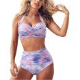 thumbnail image 1 of EGNMCR Bikini Set Women Vintage Swimsuit Two Piece Retro Halter Ruched High Waist Print Bikini Set, 1 of 8