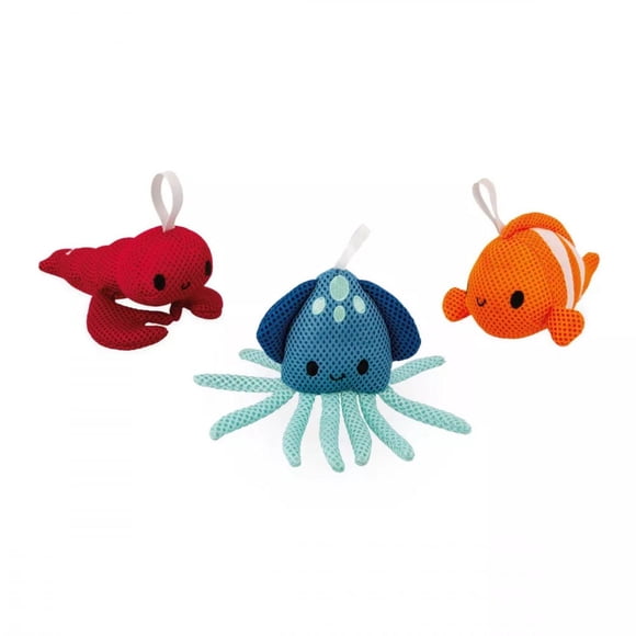 Janod - Ensemble de 3 Jouets de Bain Pagaies Couleur Eau de Mer - Poisson-Clown, Calmar et Homard Bulleur - Jouets de Bain - Découverte et Développement Précoce - Pour Garçons et Filles - À partir de