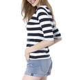 thumbnail image 4 of INSPIRE CHIC Hauts pour Femmes Non Doublés Col Rond Manches au Coude Coupe Ajustée T-Shirt Décontracté 2TG Blanc Bleu Foncé, 4 of 7