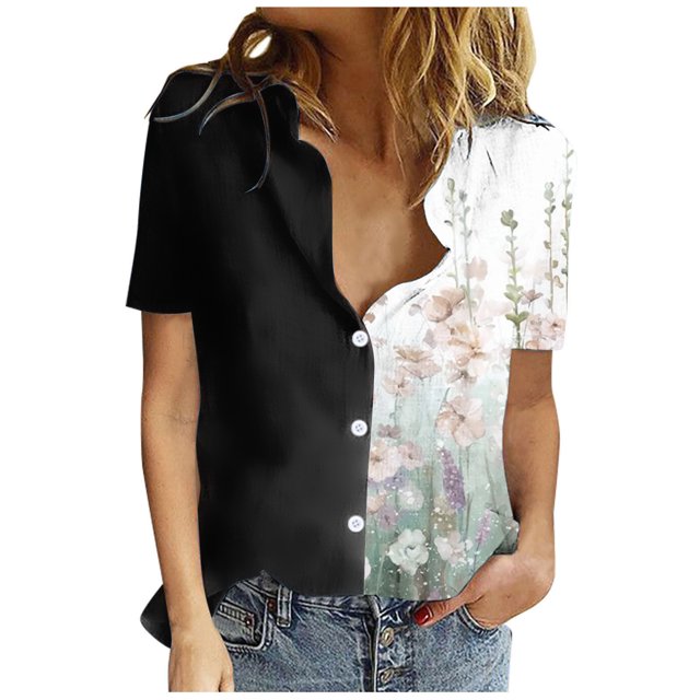 Birdeem T-Shirt Décontracté pour Femmes à Imprimé, Col Rabattu, Boutonné, Coupe Ample, Manches Courtes, Chandail à Enfiler, Blouse, Hauts