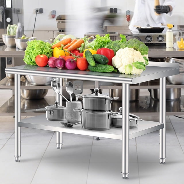 BeesClover 24*48/60*24 Inches Stainless Steel Table for Prep & Work, NSF Metal Commercial Heavy Duty Table with Adjustable Under Shelf and Foot,Backsplash for Restaurant