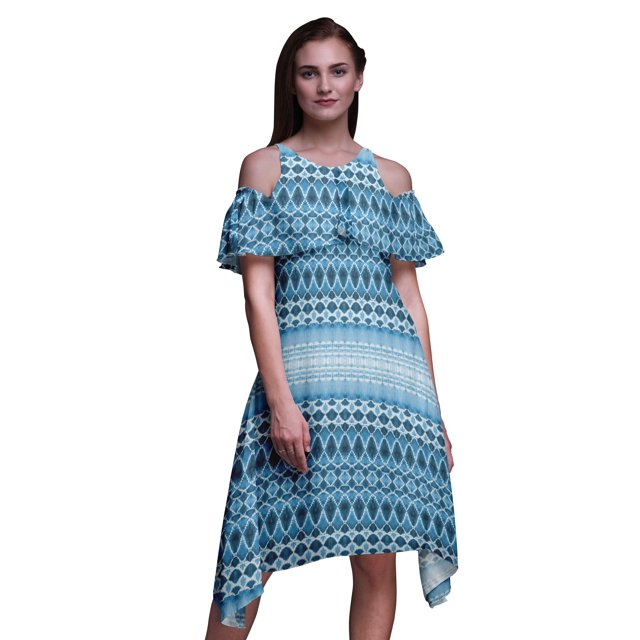 Bimba Robe Tunique Midi à Épaules Dénudées Imprimé Teinture sur Nœuds Bleu pour Femmes - TP
