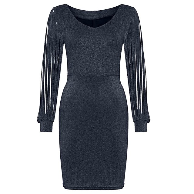Pompotops Mode Femmes Robe Aguichant à Manches Longues Robes Formelles Col en V Paillettes Fête Bureau Robes et Robes de Soirée