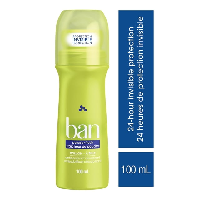 Ban Roll-On Antiperspirant Deodorant Powder Fresh, 100 mL lime green bottle with translucent cap, offering 24-hour invisible protection against odour and wetness, designed for women's underarm use with a classic powder scent.