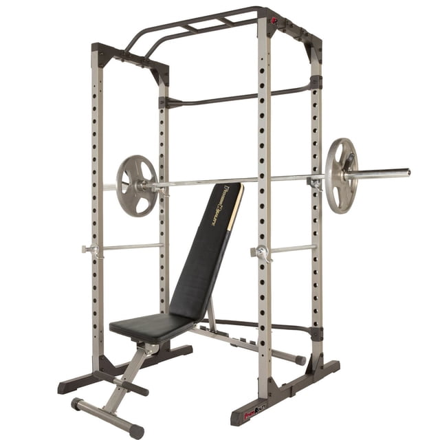 Fitness Reality 810XLT Power Cage with Super Max 1000 12 Position Weight Bench in grey, featuring a 2x2 inch square tubular steel frame, 19 adjustable height safety bars, two rear stability bars, and a black padded bench with 12 backrest positions, ideal for squats, bench presses, pull-ups, and other strength training exercises.