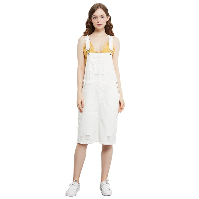 Junior Womens Distressed Denim Adjustable Strap Overall Dress, Off-white, Large