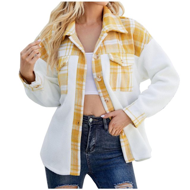 IROINID Women's Short Woolen Jacket Print Long Sleeve Winter Plaid Buttons Patchwork Coat, Yellow