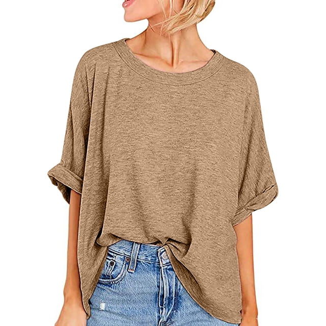 Plebaso T-Shirts Surdimensionnés pour Femmes Manches Courtes Col Rond T-Shirts d'Été Décontractés Amples Blouses 2025