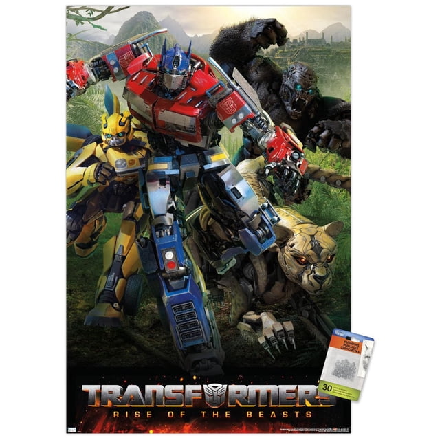Transformers: l'Ascension des Bêtes - Grande Affiche Murale 4, 22,375 Pouces x 34 Pouces, art Mural Brillant Montrant Optimus Prime en Rouge et Bleu, Bumblebee en Jaune, un Gorille Robotique et un Félin Robotique dans une jungle avec des Montagnes et des Ruines Anciennes, Convient à la Déco de Chambre.