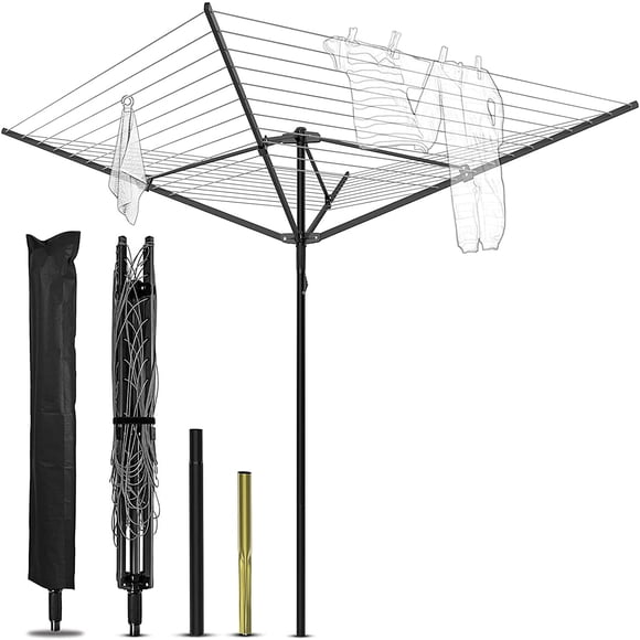 Nisorpa Rotary Outdoor Umbrella Drying Rack Umbrella Clothesline Rotary Dryers Clothes Line 4 Arms Height Adjustable Foldable Retracting 12 Lines with 165ft Clothesline