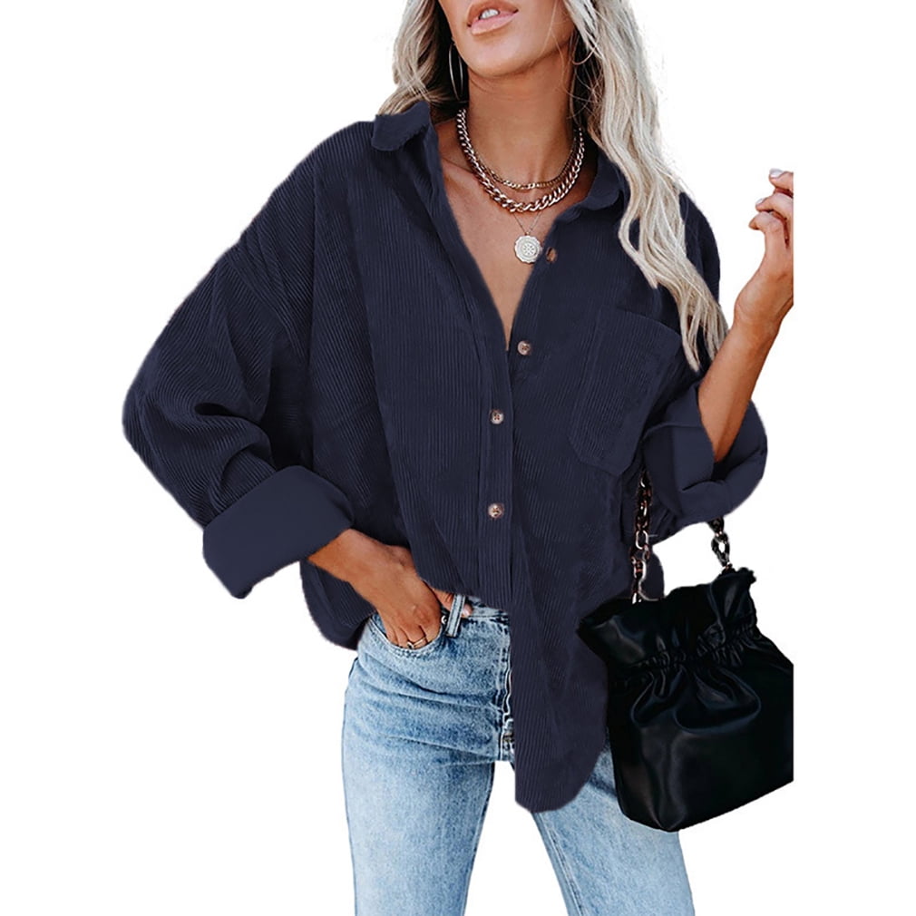 Womens Corduroy Casual Button Down Shirts Long Sleeve Boyfriend Oversized Collared Shacket Jacket Blouses Tops