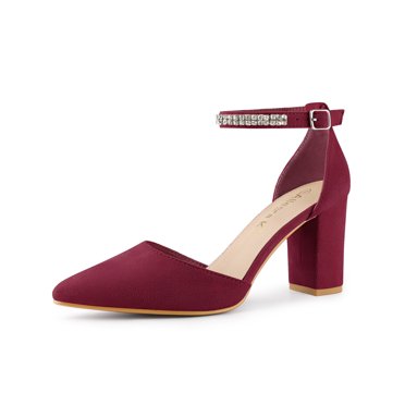 BLISSFUL STEP Women's Pointed Toe Rhines Ankle Strap Block Heels Pumps Burgundy 8.5