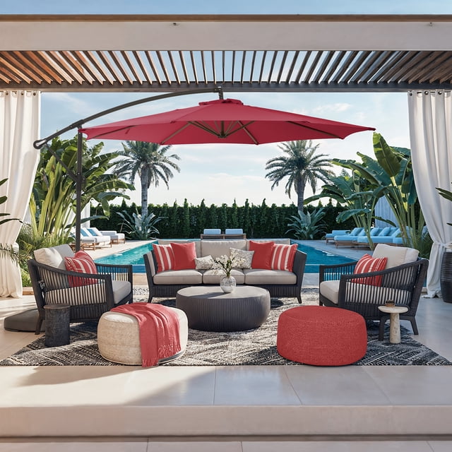 CorLiving 9.5ft Tilting Cantilever Outdoor Patio Umbrella with Steel Frame and 8 Support Arms, Wine Red