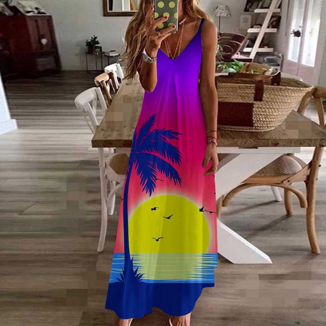 Fankiway Robe Imprimée à Bretelles Dos Nu pour Femme, Printemps/été, avec un Motif de Coucher de Soleil vibrant avec Palmiers et Oiseaux, Parfaite pour les occasions Décontractées Ou à la Plage. la Robe Sans Manches Coupe Ample et Longueur Moyenne, Fabriquée en polyester Léger pour le Confort. Montrée dans un Cadre à la Maison.