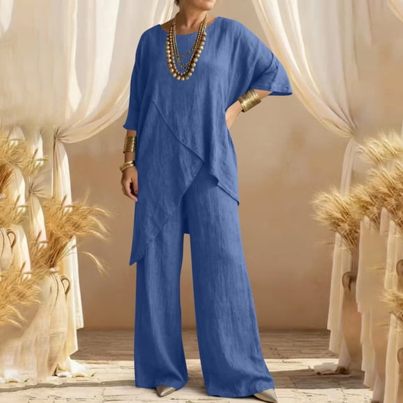 Tennis Outfits Woman Oversized Flowy Linen Outfit Womens 3/4 Sleeve Layered Blouse Tops Flowy Trousers Loose Fitting Office Travel Wear Blue L